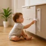Toddler beside a cabinet secured with a child safety lock.