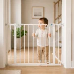 Child safety gate installed across a doorway.