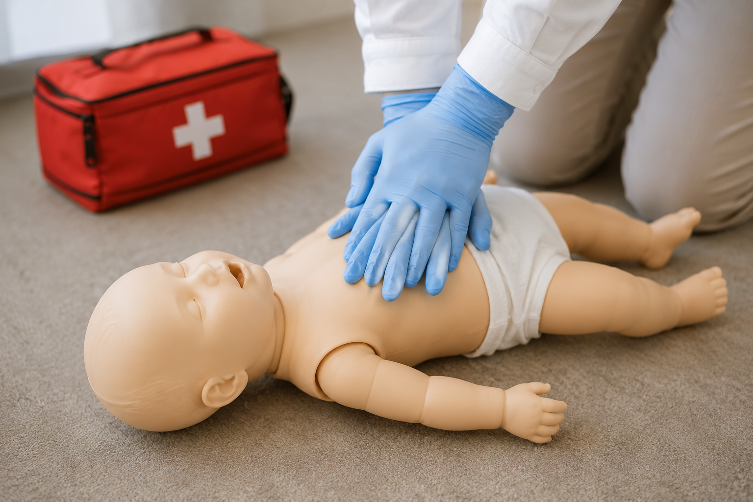 Infant CPR practice demonstrated on a training mannequin.