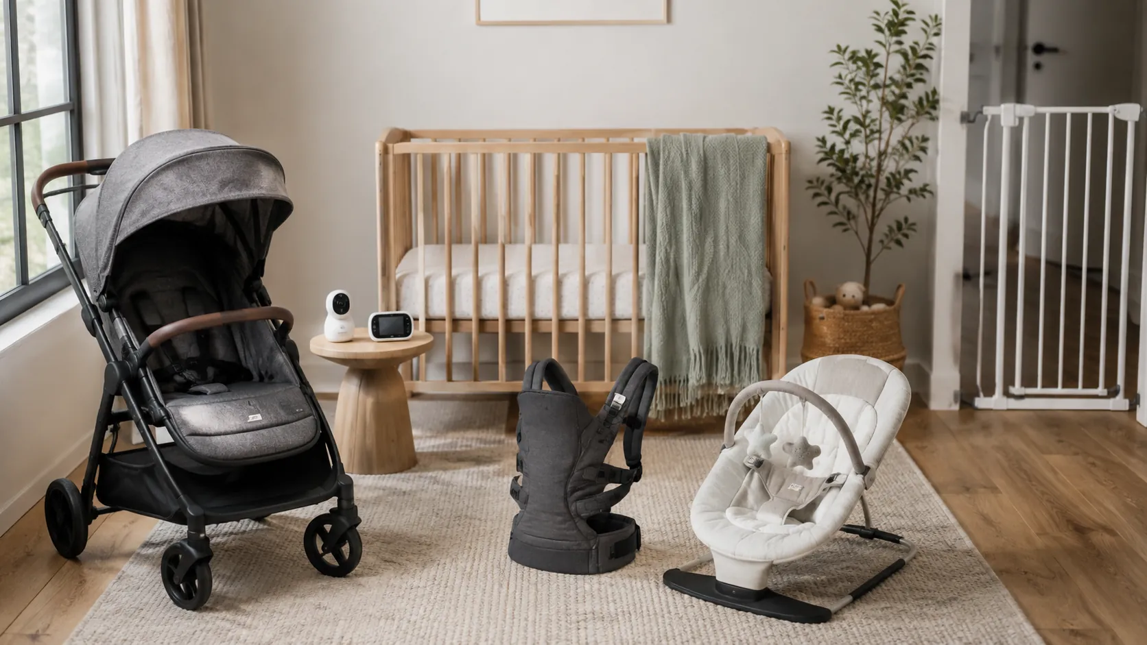 Assortment of generic baby gear in a calm nursery.