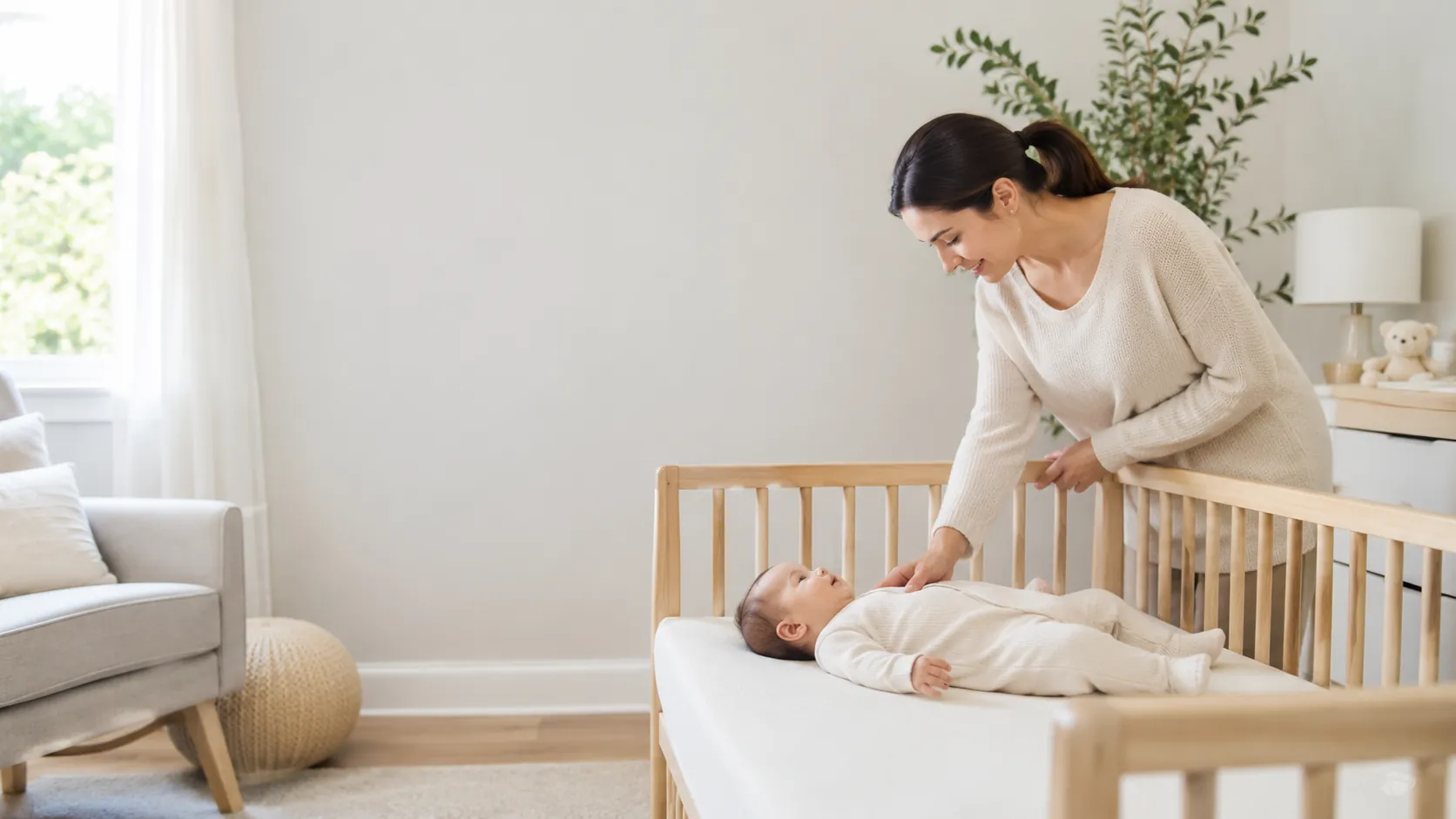 Caregiver checking on a baby in a calm nursery.