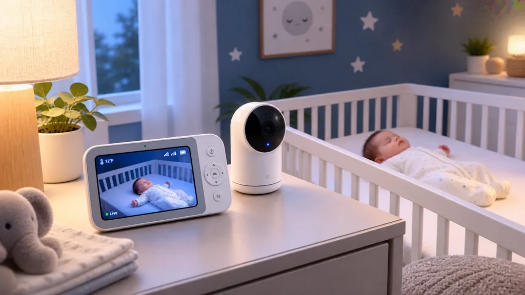 Baby monitor and camera beside a crib in a softly lit nursery.