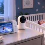 Baby monitor and camera beside a crib in a softly lit nursery.