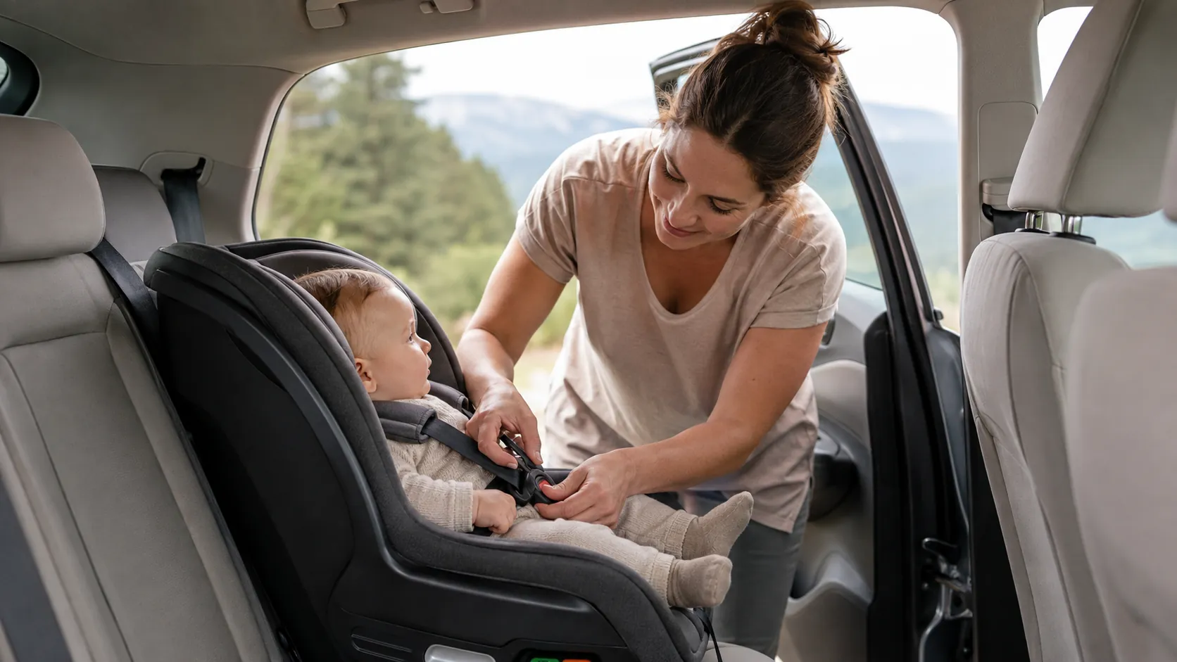 Caregiver securing a baby in a rear-seat infant car seat.
